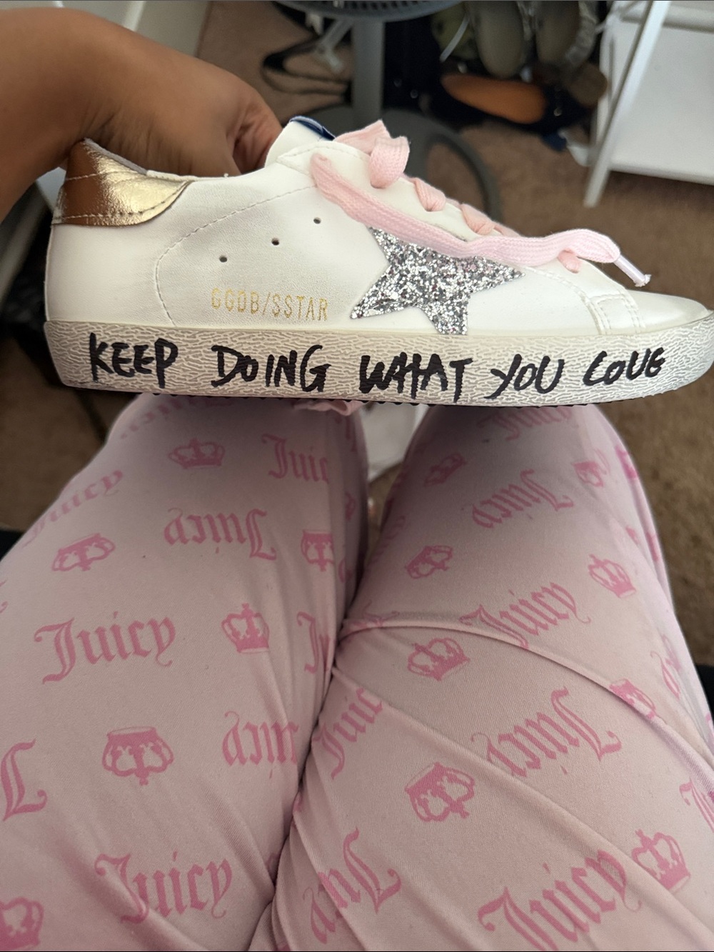Golden Goose White Sneakers with Pink Laces, Silver Glitter Star & Gold Heel